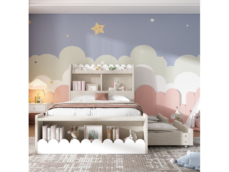  Modenvie lit enfant 90x200 cm - avec tiroirs, etageres et banc coffre, sans matelas - blanc  - Conforama D