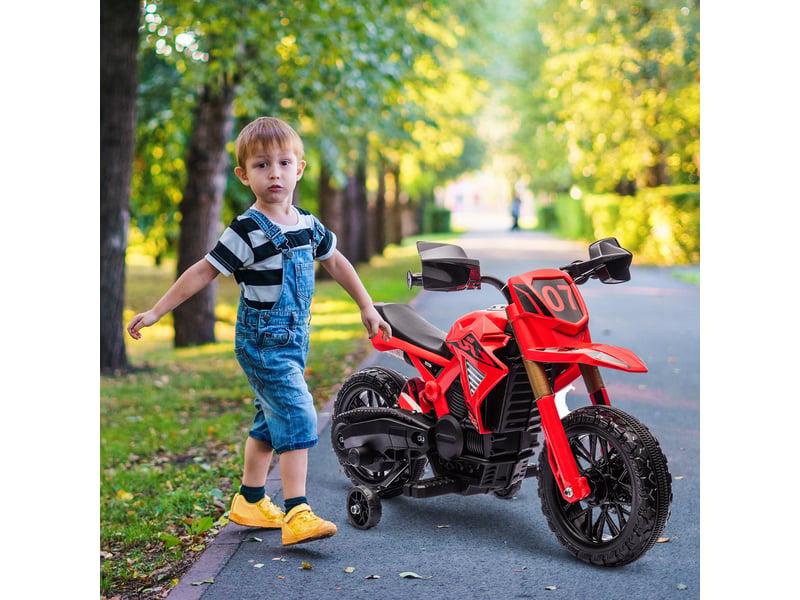  Moto électrique pour enfants, batterie 6v, stabilisateurs, klaxon, bruit de démarrage, 3-8 ans, rouge  - Conforama C
