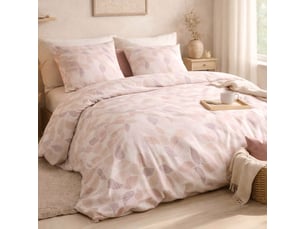Parure housse de couette 260x240cm + 2 taies motif feuilles rose poudré 100% coton - lixia