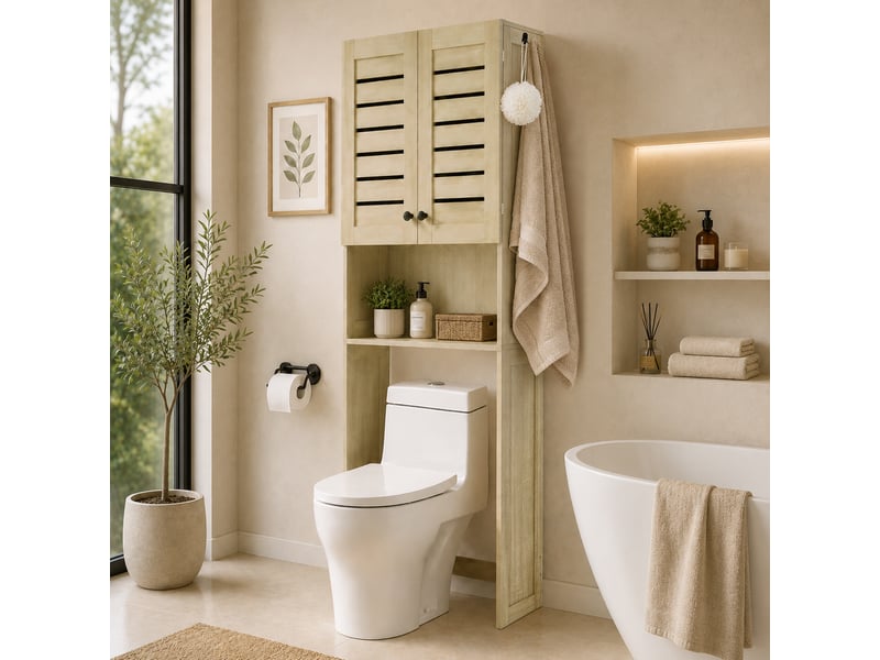  Meuble wc meuble dessus toilettes style classique chic 2 portes étagère niche naturel  - Conforama B