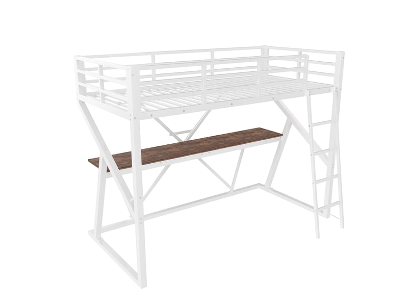  Lit mezzanine blanc 90 × 200 cm, cadre métal, bureau, led, escalier et garde-corps  - Conforama E