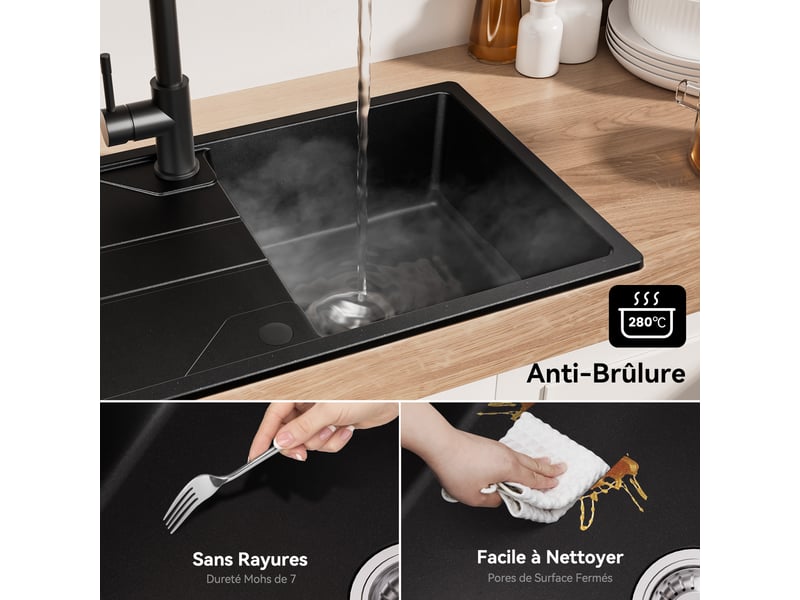  Derw max évier en granit 65x45cm - évier de cuisine noir - avec égouttoir et système d’évacuation - évier à poser  - Conforama B