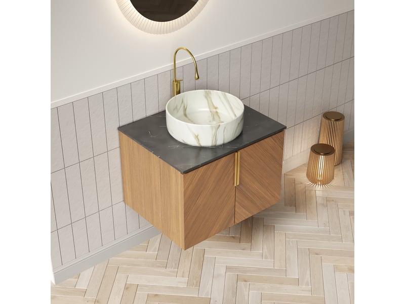  Meuble sous vasque avec 2 portes et vasque ronde en céramique, plan en pierre frittée, salle de bain, bois brun  - Conforama E