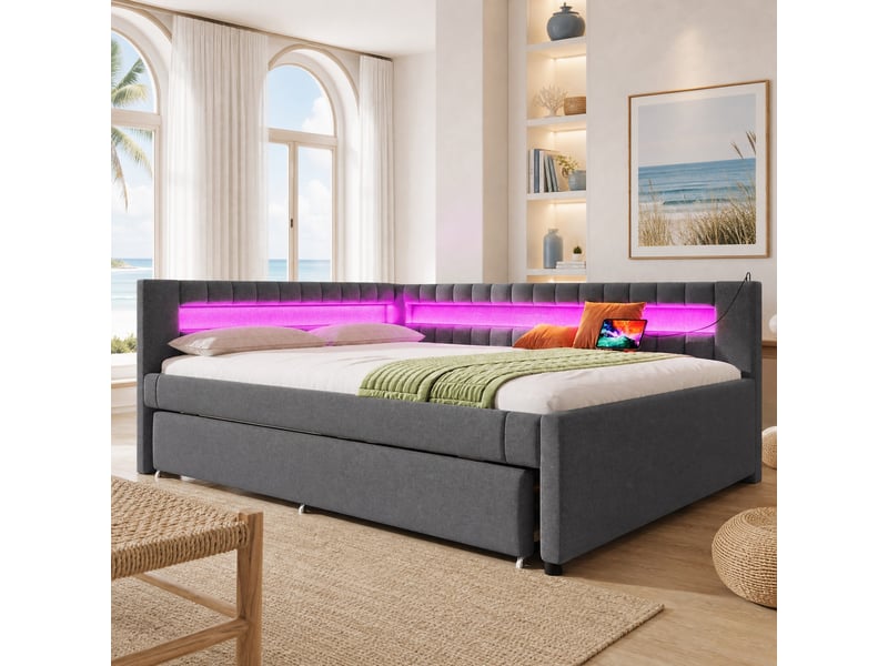  Lit gigogne 140x200 cm en lin mdf gris, éclairage led télécommandé, usb type-c, lit extensible, sans matelas  - Conforama B