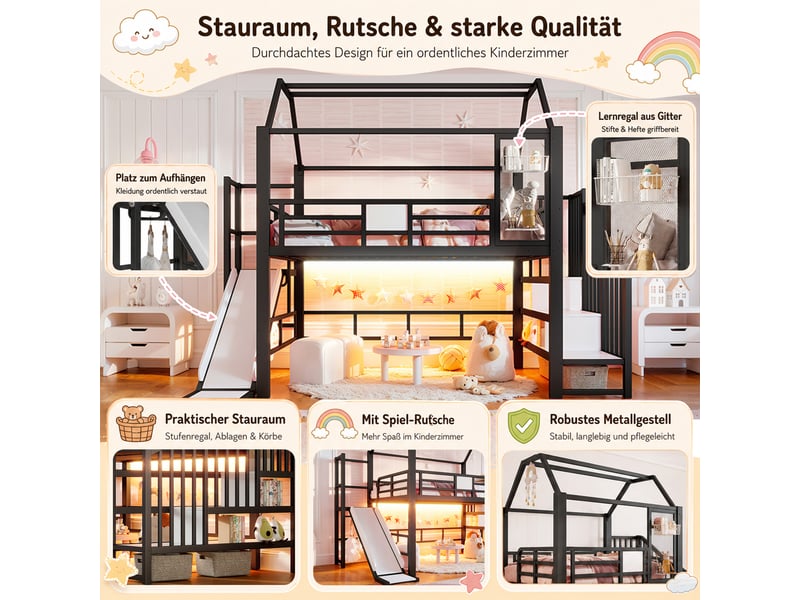  Lit mezzanine enfant 2 places 140×200 cm, toboggan, escalier et led - okmyhome- noir, sans matelas  - Conforama E