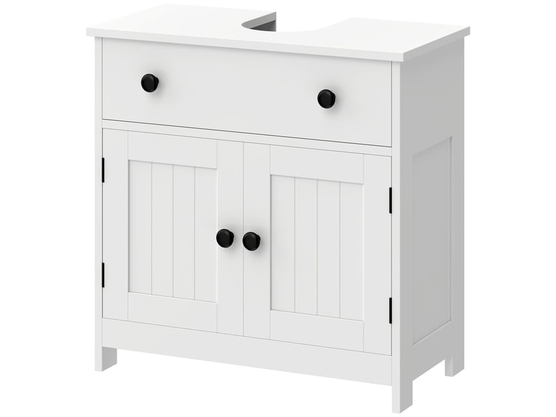  Meuble sous lavabo de salle de bain, meuble moderne sur pied avec charnières à fermeture douce, tiroir, 2 portes, blanc  - Conforama B