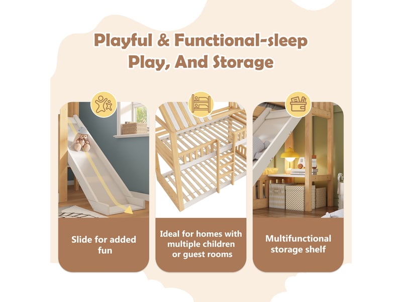  Lit superposé enfant 90x200 cm - design cabane - étagère intégrée - échelle et toboggan - pin et mdf - blanc et naturel  - Conforama D