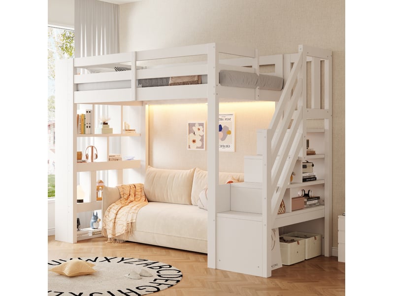 Lit mezzanine 90x200 cm avec rangements, garde-corps et led, blanc, sans matelas - Conforama W