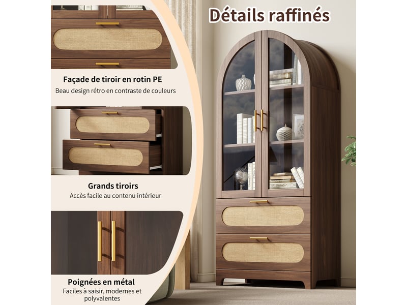  Vitrine haute 80x40x175 cm, bibliothèque avec 2 portes vitrées, 2 tiroirs et étagères réglables, arches style montmartre, marron  - Conforama E