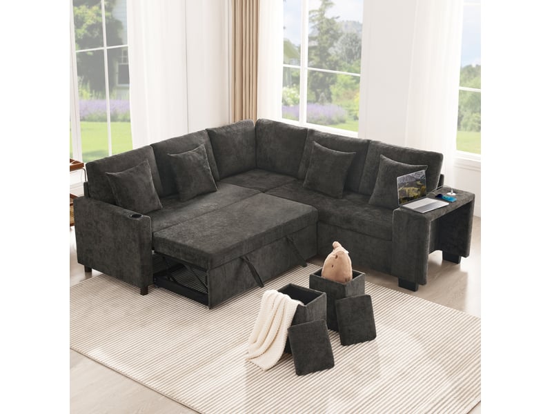  Canapé d'angle convertible ulevr 5 places avec rangement, méridienne réversible, usbusb-c, chenille gris, 220 x 205 cm  - Conforama D