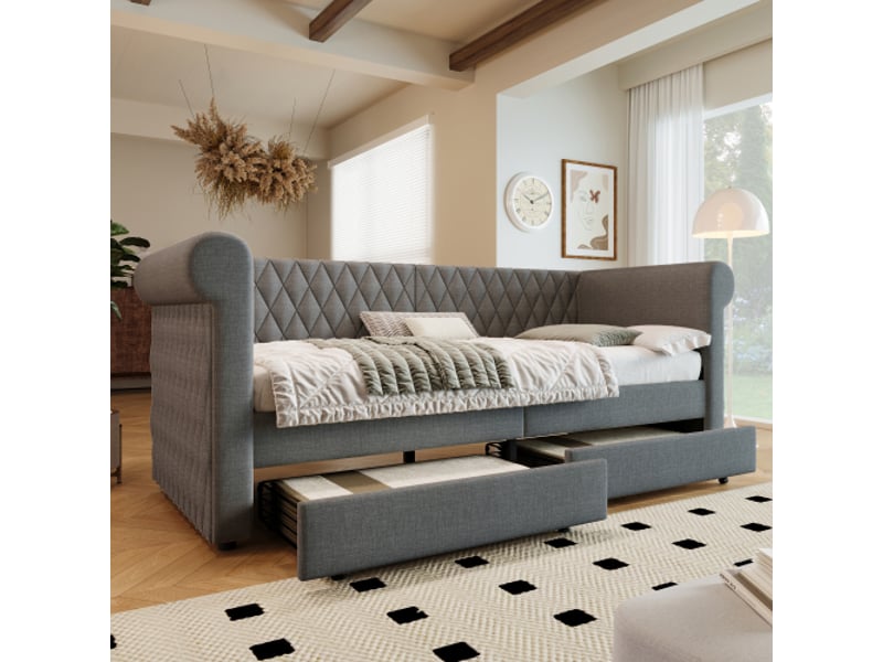  Lit enfant 90x200 cm, lit simple avec 2 tiroirs, cadre de lit avec sommier à lattes en bois et tête de lit, en lin, gris, sans matelas  - Conforama C