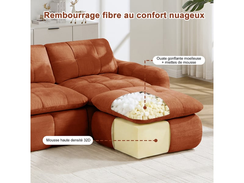  Canapé 4 places, revêtement en tissu chenille, sans assemblage, rouge orangé  - Conforama R