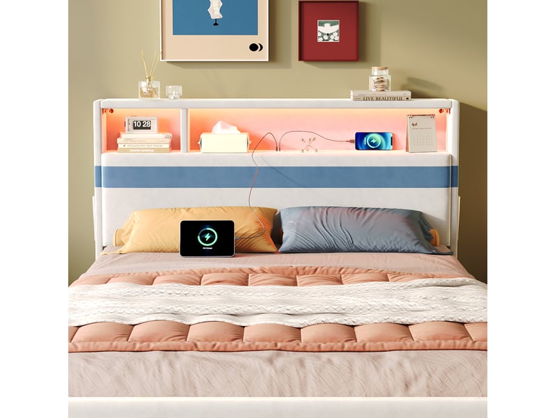  Lit double 140x200 cm, 4 tiroirs, tête de lit led, recharge usb, poches latérales, velours blanc et bleu, sans matelas  - Conforama E