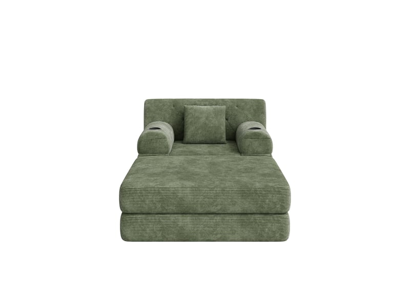  Fauteuil-lit 1 place avec pouf, velours côtelé vert, fonction inclinable, dossier haut, cadre métal, mousse haute densité, porte-gobelets et poches latérales  - Conforama A