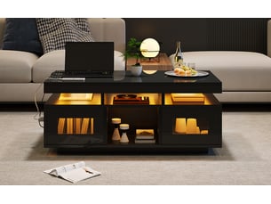 Table basse noire laquée avec led et prise de charge, 100x50x43 cm, panneau de particules, noir.
