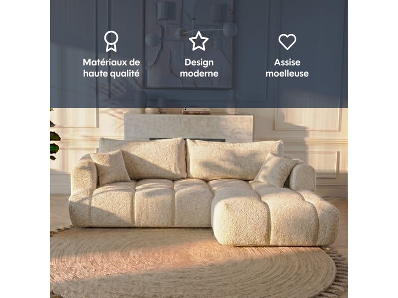 Canapé nuage angle droit en bouclette et pin massif beige - elina - morphea Elina droite - Conforama C