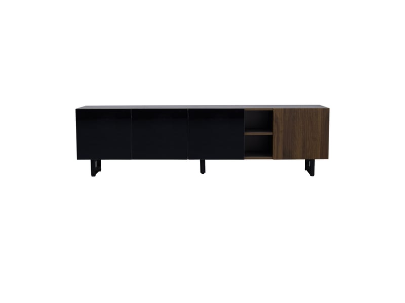  Meuble tv 4 portes, design vintage veinage bois, façades noir brillant, naturel et noir, 180 x 38 x 50 cm  - Conforama A