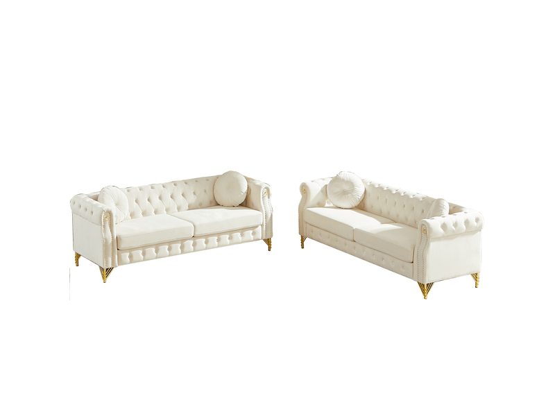  Canapé chesterfield beige en velours, 208,3 x 287,9 x 73,6 cm, pieds en métal, boutons capitonnés, clous dorés  - Conforama A