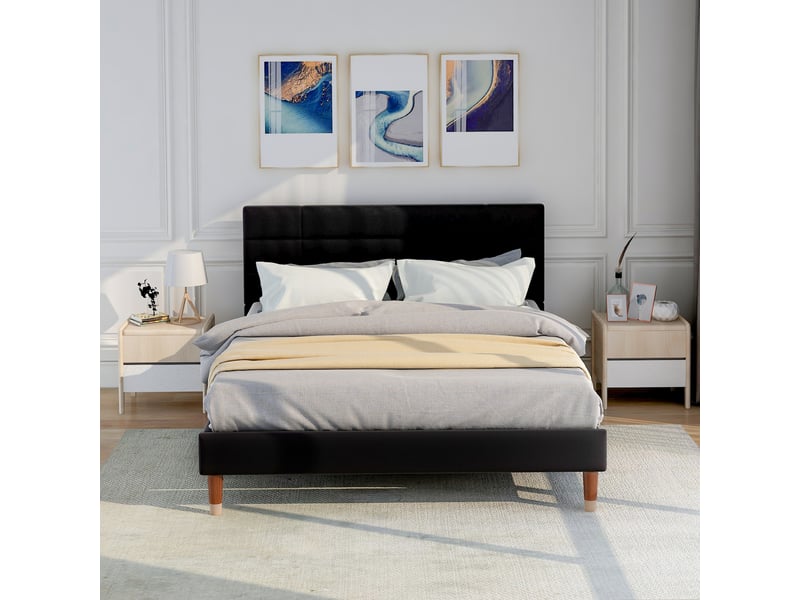  Lit adulte 140x200 cm, tête de lit, structure en bois, sommier, style moderne, lin noir, sans matelas  - Conforama B