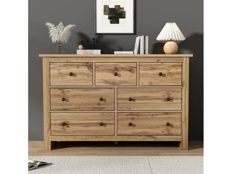  Commode rétro 7 tiroirs avec rangement pour chambre et salon, 152x40x89 cm, bois foncé  - Conforama B