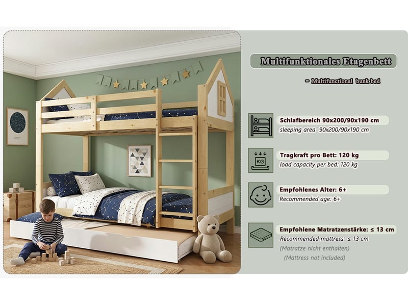  Lit superposé cabane enfant blanc et naturel 2 x 90 x 200 cm avec lit gigogne 90 x 190 cm, échelle et garde-corps  - Conforama B