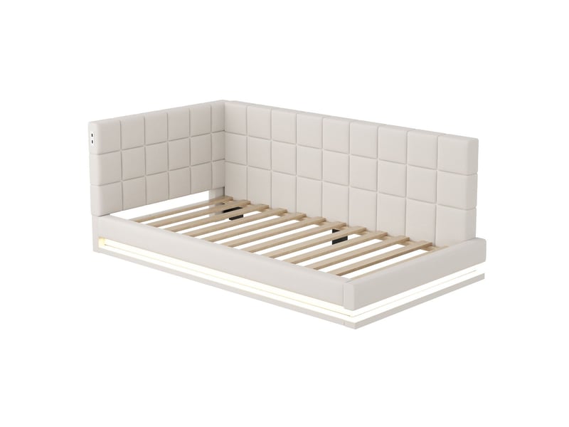  Lit gigogne 90x200, couchage convertible banquette lit, revêtement lin beige, sommier inclus, led multicolore, ports usb  - Conforama D