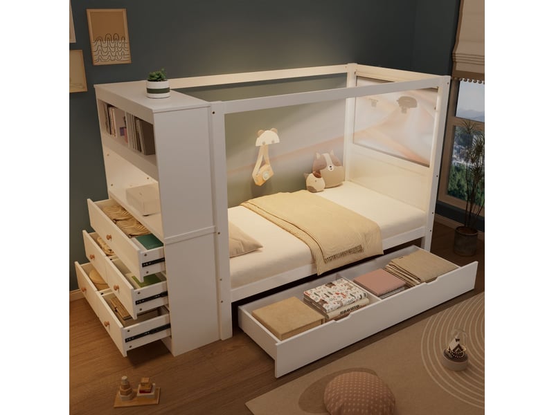  Lit avec tiroirs 90 x 200 cm rangement généreux 5 tiroirs tiroir à roulettes barrière de sécurité cadre en pin et pb blanc et naturel  - Conforama B