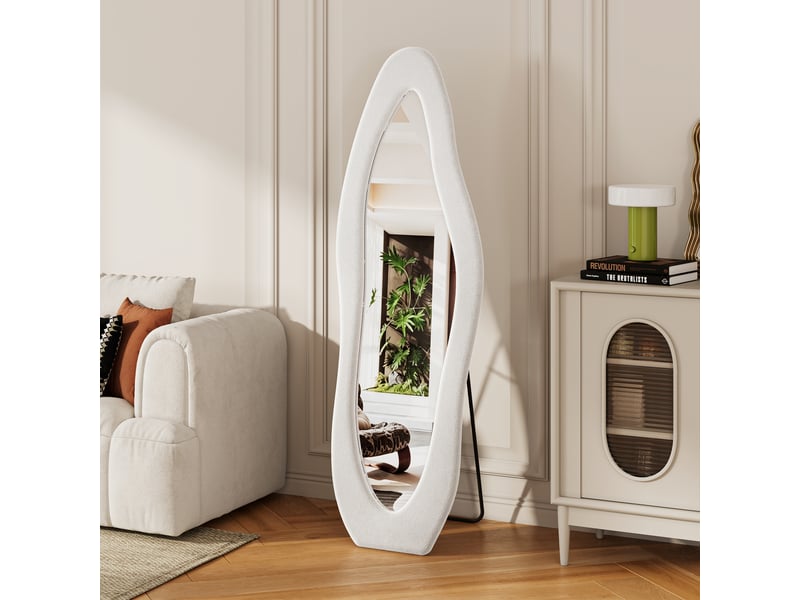 Miroir sur pied - 160 x 50 cm - blanc - miroir plein pied irrégulier, cadre rembourré en velours, style moderne et artistique - Conforama C