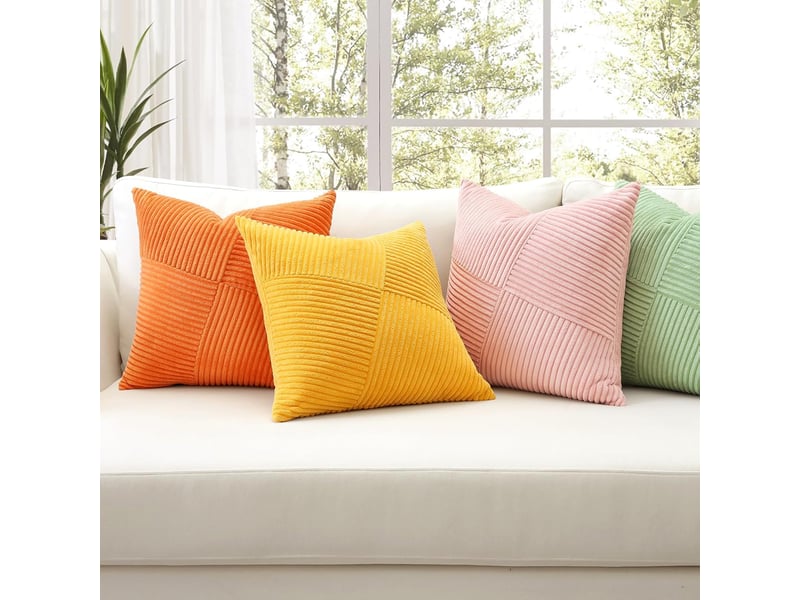  Lot de 1 housse de coussin 40 x 40 cm en velours côtelé, housse coussins patchwork à rayures pinwheel doux taies d'oreiller décoratives pour lit canapé, jaune  - Conforama E
