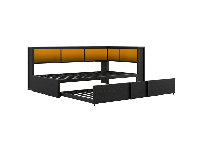Lit gigogne 90x200 cm, rangements intégrés, led, prises et usb, métal noir, sans matelas - Conforama E