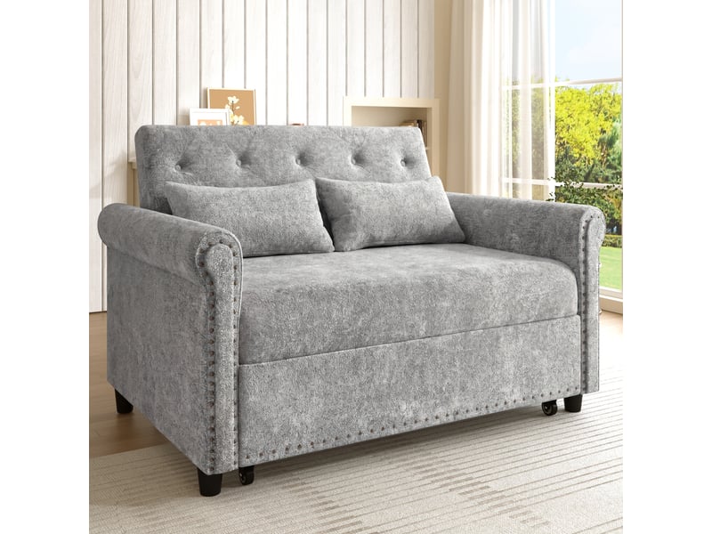 Canapé convertible 3-en-1 2 places 120 x 80 x 82 cm avec dossier 3 positions, lit gigogne et 2 coussins, chenille, mousse et bois, gris OMNIGLINT TRADING LTD - Conforama C