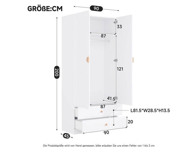  Armoire 2 portes avec 2 tiroirs, penderie et étagère haute pour chambre, mdf et bois massif, blanc, 90 × 45 × 200 cm  - Conforama D