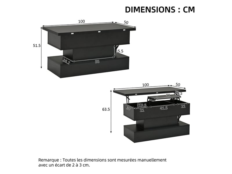 Table basse relevable 3 en 1 avec led et prise usb - rangement caché 100x50 cm noir - Conforama C