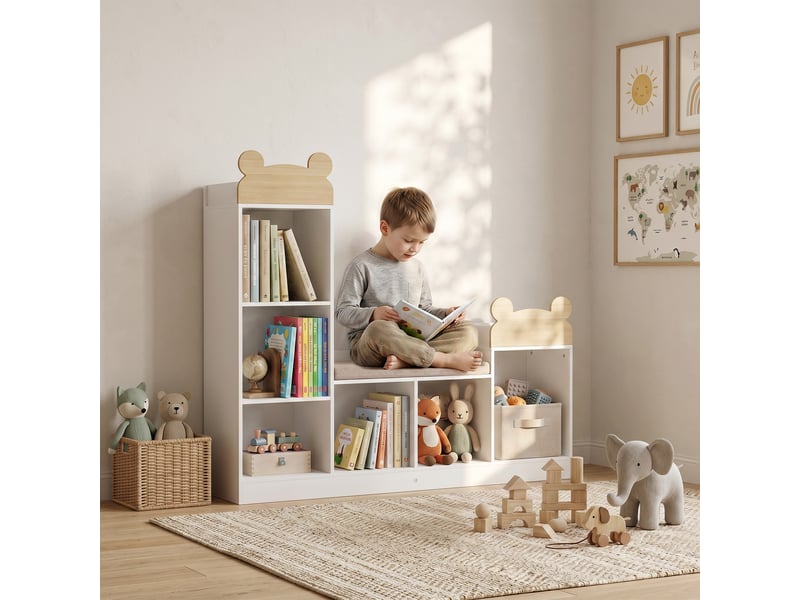  Bibliothèque enfant avec coin lecture, 3 en 1, 121x30x106cm, blanc  - Conforama C