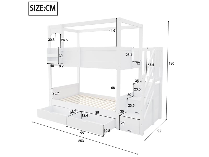 Lit superposé enfant 90x200 cm - lit superposé bois avec rangement, échelle et 2 tiroirs - design maison - blanc - Conforama C