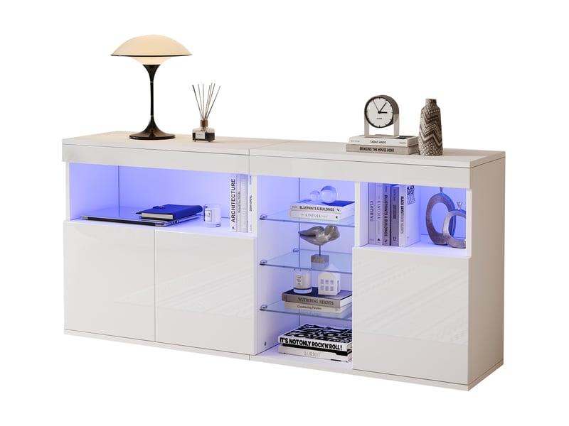  Buffet salon blanc laqué 155 cm avec éclairage led, meuble de rangement 3 portes et étagères en verre  - Conforama R
