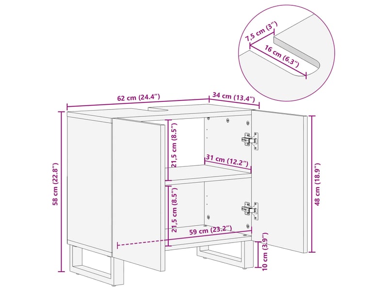  Armoire lavabo de salle de bain, cabinet de salle de bain 62x34x58cm manguier massif brut cf65600  - Conforama E