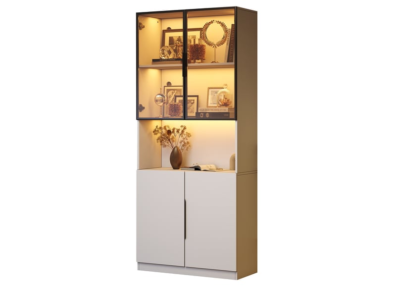  Vitrine haut 200 cm avec éclairage led réglable, portes vitrées, style minimaliste, 200 × 80 × 30 cm, blanc, pour exposer et organiser vos objets CARDUME ESTIVAL - Conforama A