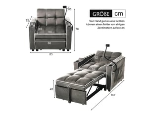 Fauteuil convertible 3 en 1, canapé-lit 1 place velours avec porte-gobelets et support téléphone, gris foncé, 83x167x76cm