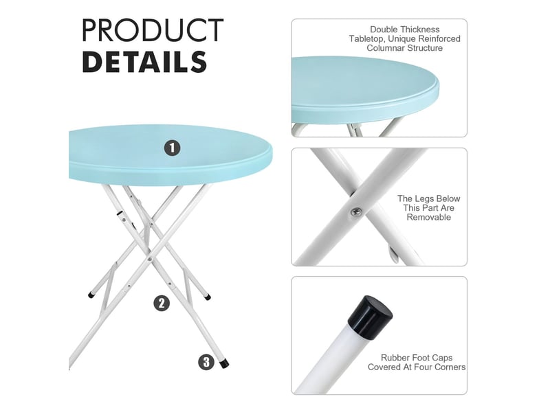  Table à manger plateau rond structure pliante installation facile usage intérieur et extérieur finition bleu clair capacité de charge de 136 kg  - Conforama D