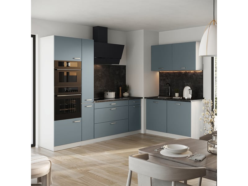 Vicco cuisine en angle, bleu-grisblanc, 230 x 120 cm plan de travail anthracite - Conforama C