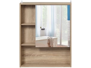 Armoire murale salle de bain avec miroir 60 x 15 x 76 cm, étagère intérieure réglable en hauteur et étagères ouvertes, chêne
