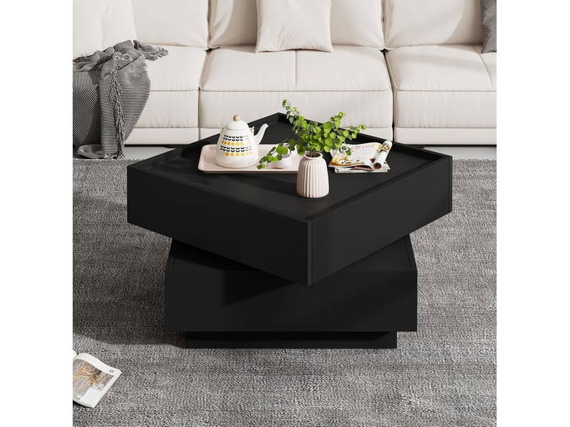 Table basse pivotante à 360 degrés avec 2 tiroirs et rebords hauts pour salon, en aggloméré noir, 60 × 60 × 38 cm - Conforama D