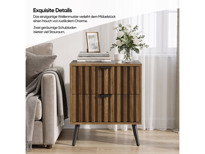  Table de chevet 45x40x53 cm - 2 tiroirs cannelés – style scandinave &amp; rétro chic - bois - noyer  - Conforama E