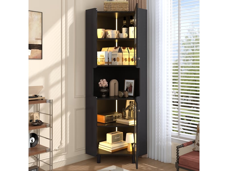  Meuble d'angle vitrine 63,5x157,5 cm, led, espace de rangement, bibliothèque, gain de place, pour salon, en mdf, noir  - Conforama D