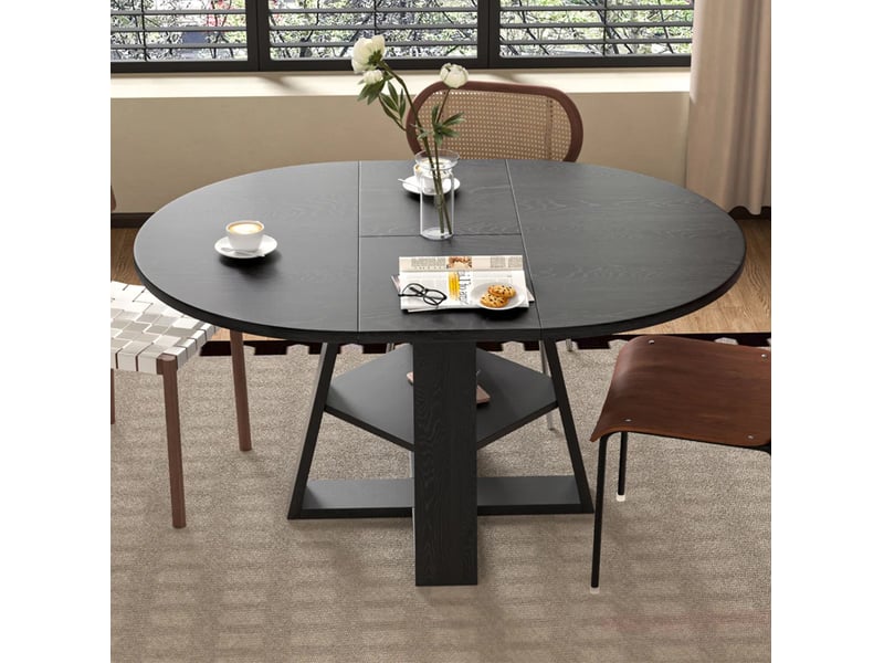  Table à manger extensible ovale noire en mdf 150 x 110 cm, rangement intégré et tablette pour 6 personnes  - Conforama E