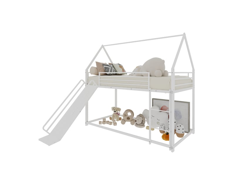 Lit superposé en fer blanc, lit 2 places avec toboggan et barrières hautes, 90x190 cm, sans matelas - Conforama A