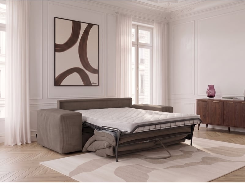  Bobochic canapé droit convertible ouverture express voltaire tissu velours côtelé marron 140x200 VOLTAIRE - Conforama C