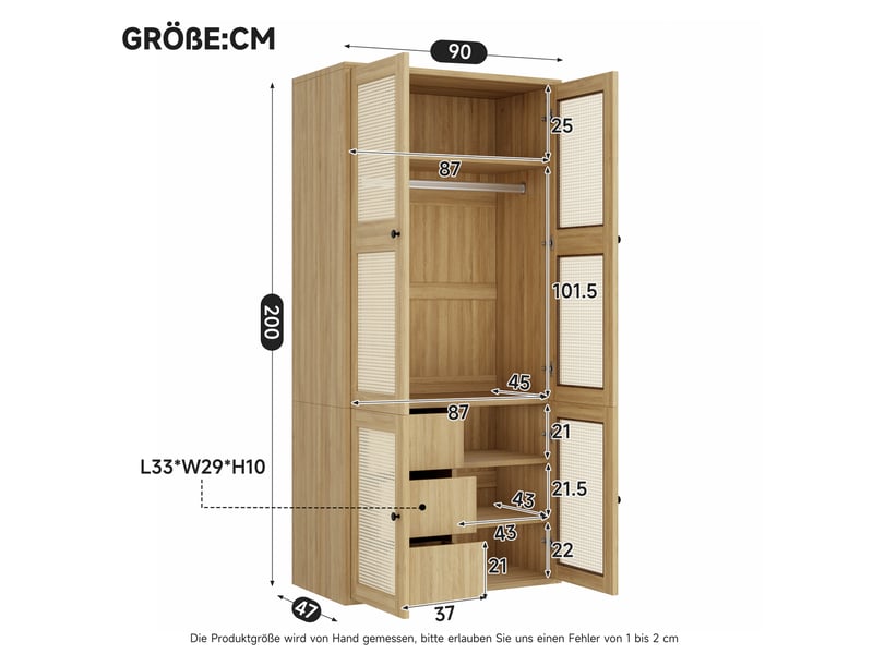 Armoire 2 portes en rotin 90x47x200 cm en mdf chêne clair - Conforama C