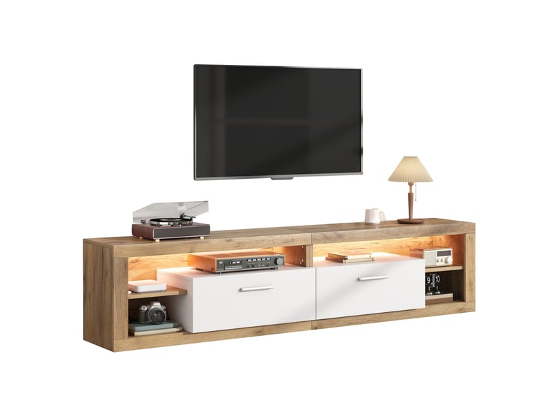  Meuble tv 180 x 35,5 x 50 cm avec led, 2 tiroirs, 4 niches, naturel et blanc  - Conforama A